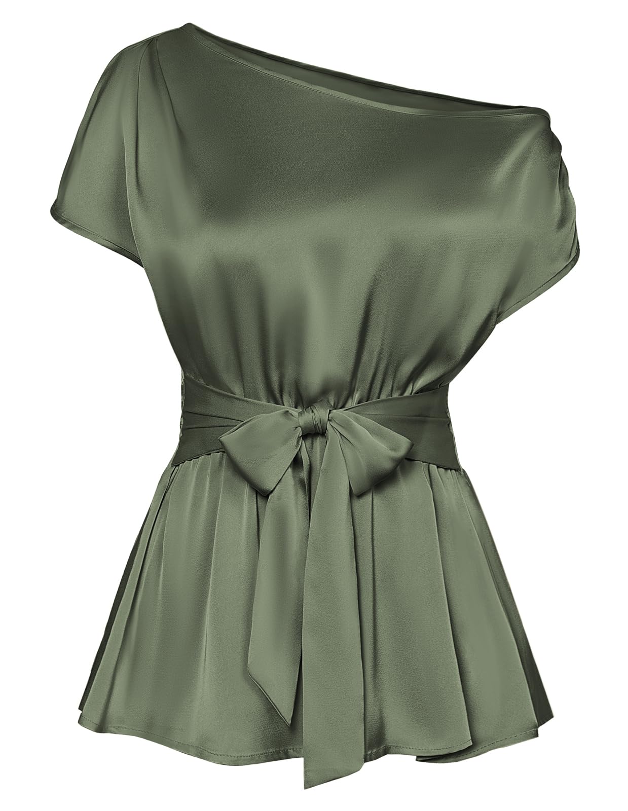 GRACE KARIN Blusa de satén para mujer, manga corta, hombros descubiertos, lazo en la cintura, blusa informal para verano formal de noche