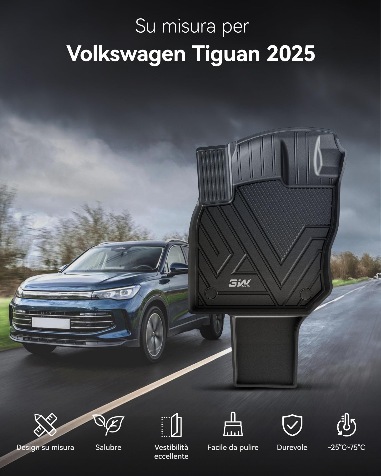 3W Set 4 di Tappetini per Volkswagen Tiguan 2025 2026 (Non compatibile con PHEV) in Thorex™ e Tappetino per Bagagliaio su Misura, Facile da Pulire Tappeti per Auto Resistente e Tappeto Bagagliaio