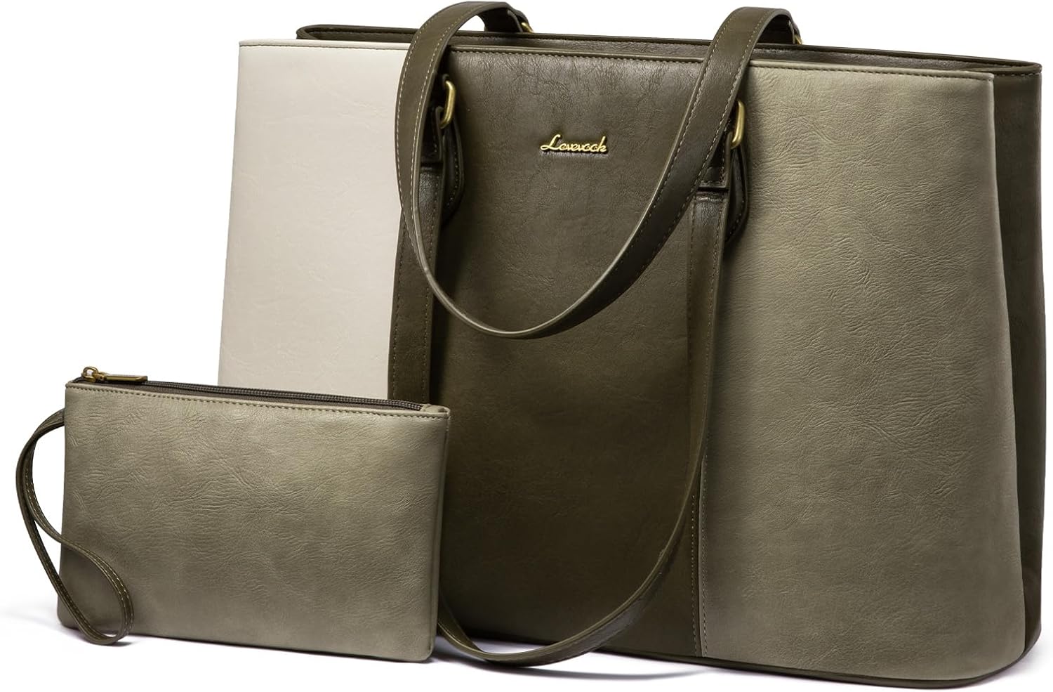 LOVEVOOK Laptop Tote Bag for Women,Work Tote with Wristlet,PU Leather Computer Bag for Teacher,Office, Daily Medium Sage & Cream