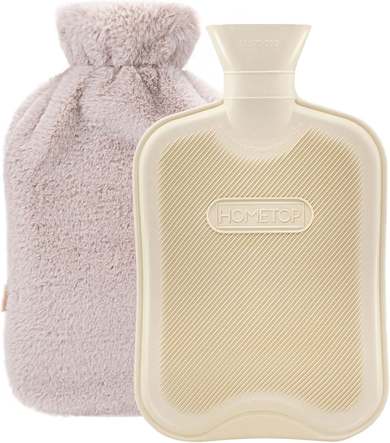 HomeTop Premium Classic Rubber Hot Water Bottle w/Luxurious Faux Fur Plush Fleece Cover (2L, Cream White)