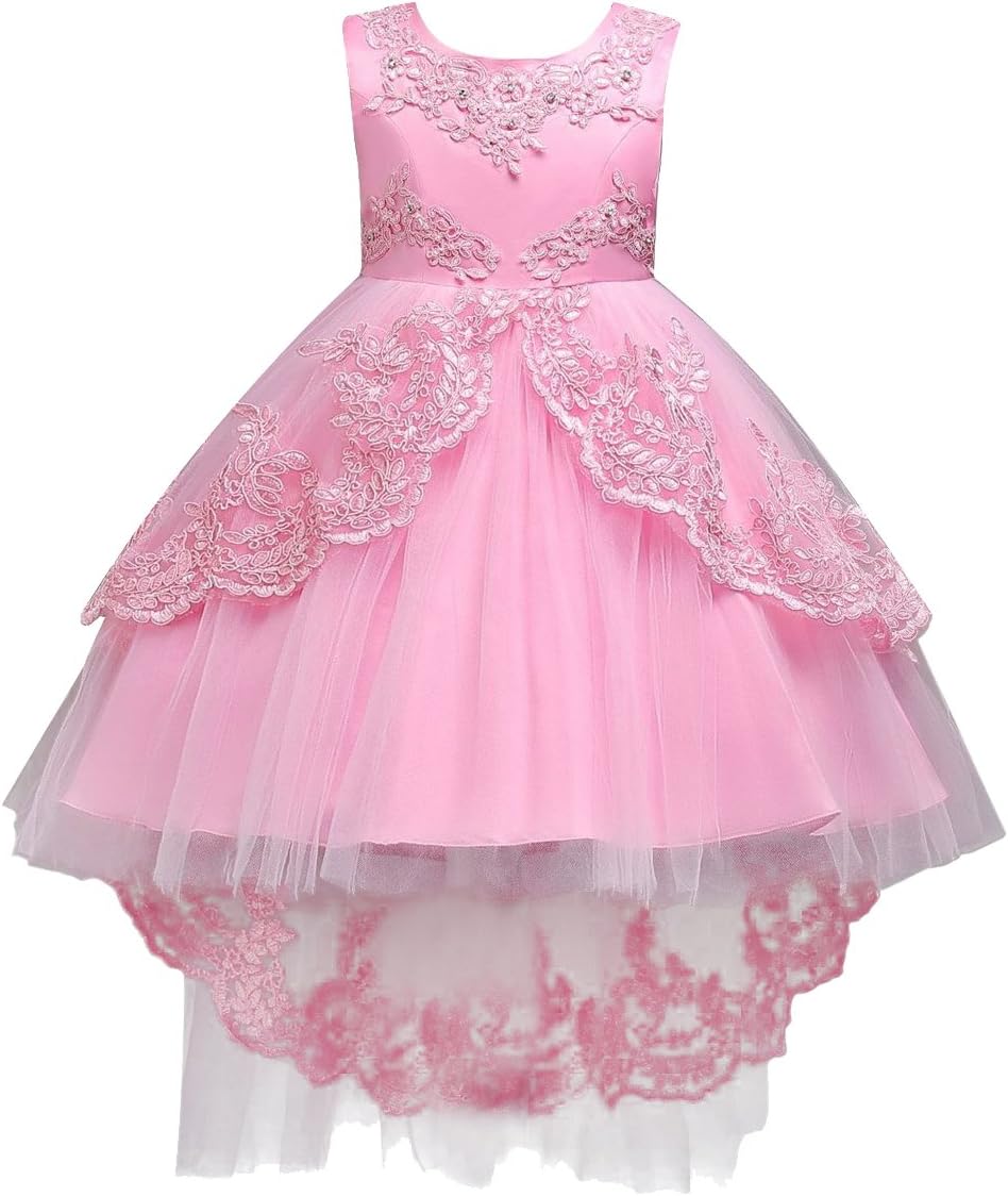 Flower Girls Vintage Overlay Lace Beaded Rhinestone Wedding Tulle Dress Hi Low Communion Party Dance Tutu Gown with Train