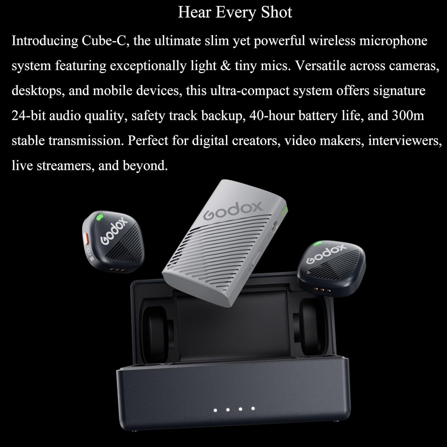 GODOX Cube-C Kit2 2.4GHz Wireless Microphone System,40h Battery Life,Mini Size,48kHz/24bit Hi-Res Audio,300M Stable Transmission,Compatible with Cameras,Mobile Phones,Tablets,Computers