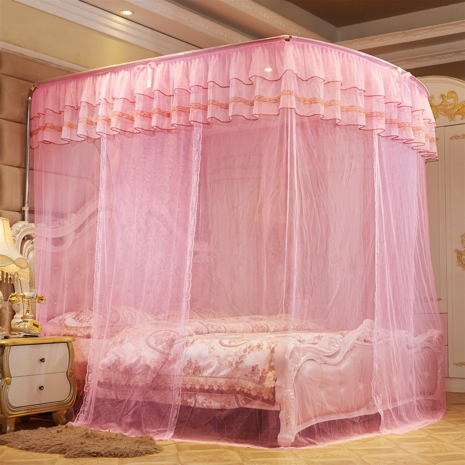 SARKEY U-Shaped Rail Bed Canopy Curtain,Three-Opening Lace Princess Canopys(PK,180x220x200cm(71"x87"x79"))