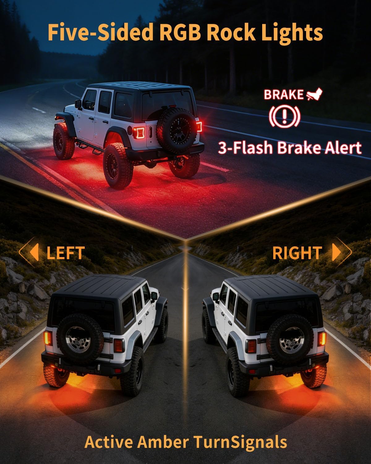 8 Pods RGB LED Rock Lights - Five-Sided Underglow Kit with Brake & Turn Signals, App/Remote, Music Sync, Waterproof for Trucks, Jeep ATV, UTV, RZR, Golf Cart - Multicolor Wheel Well Lights