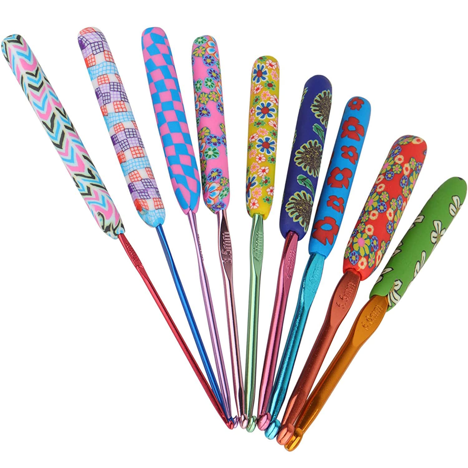 Excefore Crochet Hook Kit, 9 Pcs Aluminum Crochet Hook Set Soft Grip, 2mm-6mm Multicolour Stitches Craft Crochets Hook Sewing Tools for Beginnes, Arthritic Hands