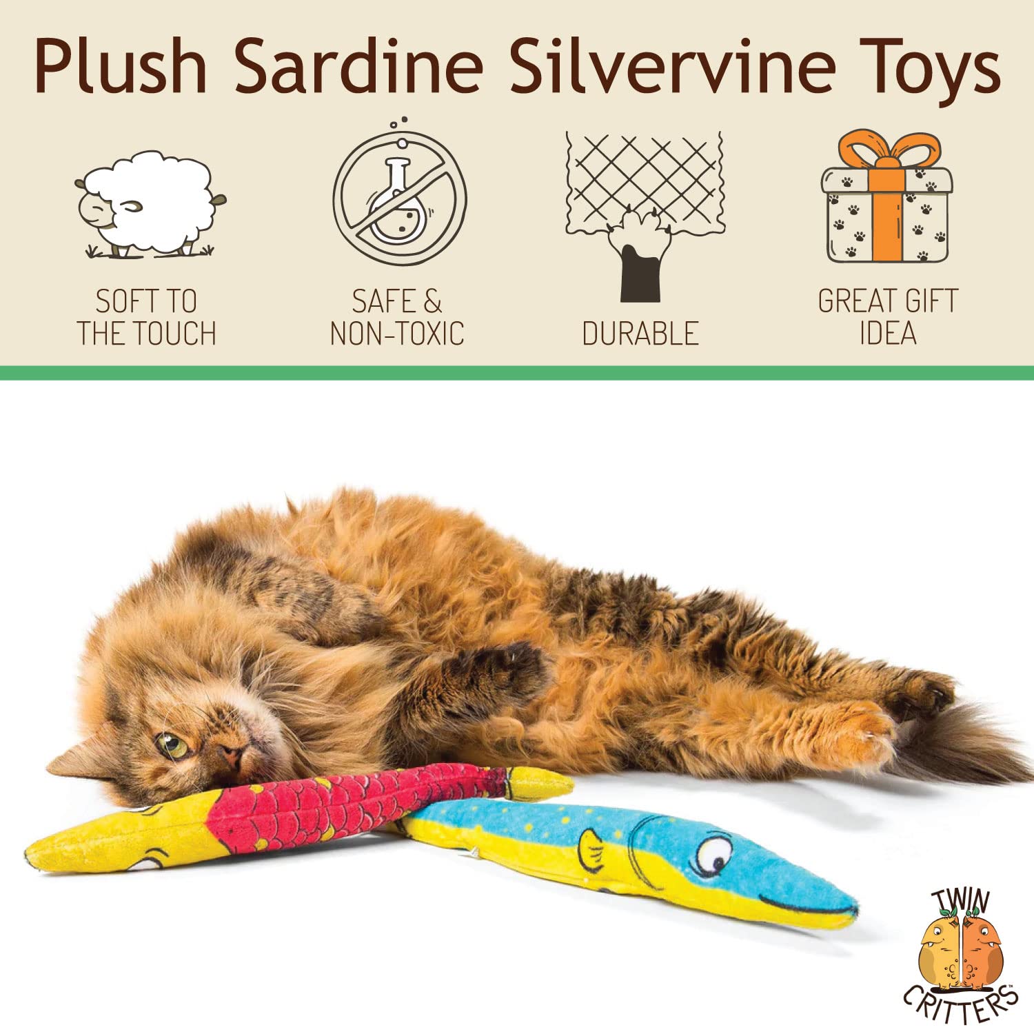 Twin Critters Organic Silver Vine Katzenminze Spielzeug Sardine Nachfüllbar Plüsch 2er Pack für Katzen & Kätzchen Keine künstlichen Inhaltsstoffe