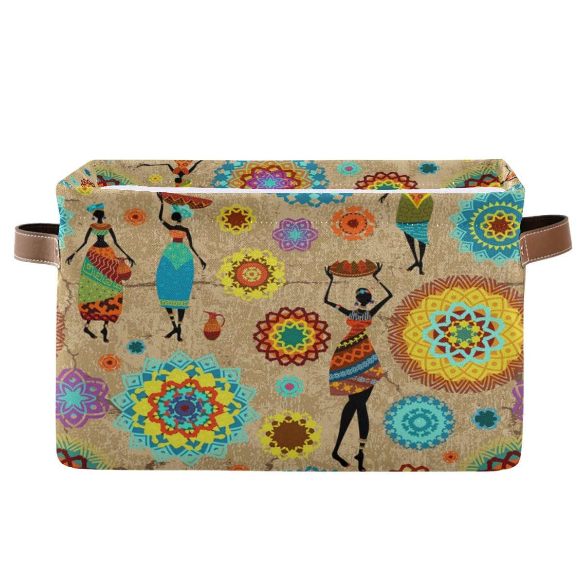 Weilife Vintage African Women Mandala Storage Basket Bins, Tribal Black Women Flower Collapsible Storage Cube Fabric Rectangle Storage Box with Handles for Shelf Closet Nursery Home Office 1 Pack