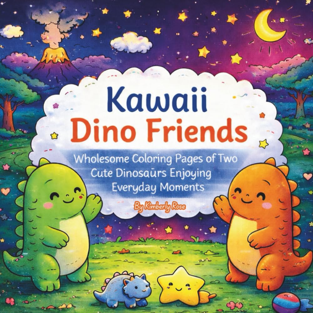 Kawaii Dino Friends: A Cozy and Adorable Dinosaur Coloring Book Filled with 30 Heartwarming Scenes of Friendship, Fun, and Prehistoric Charm for Kids and Adults Alike