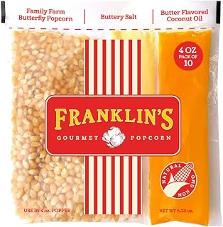 Franklin’s Gourmet Popcorn All-In-One Popcorn Packs for Popcorn Machine - 4oz Pack of 10 - Made in USA - Packs of Corn Kernels with Buttery Salt & Oil