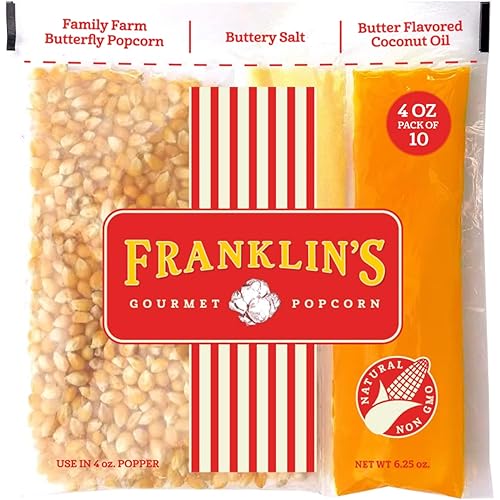 Franklin’s Gourmet Popcorn All-In-One Popcorn Packs for Popcorn Machine - 4oz Pack of 10 - Made in USA - Packs of Corn Kernels with Buttery Salt & Oil