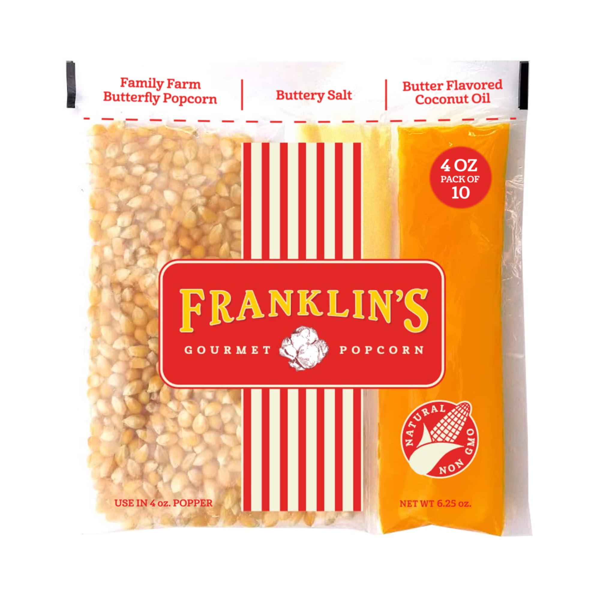 Franklin’s Gourmet Popcorn All-In-One Popcorn Packs for Popcorn Machine - 4oz Pack of 10 - Made in USA - Packs of Corn Kernels with Buttery Salt & Oil