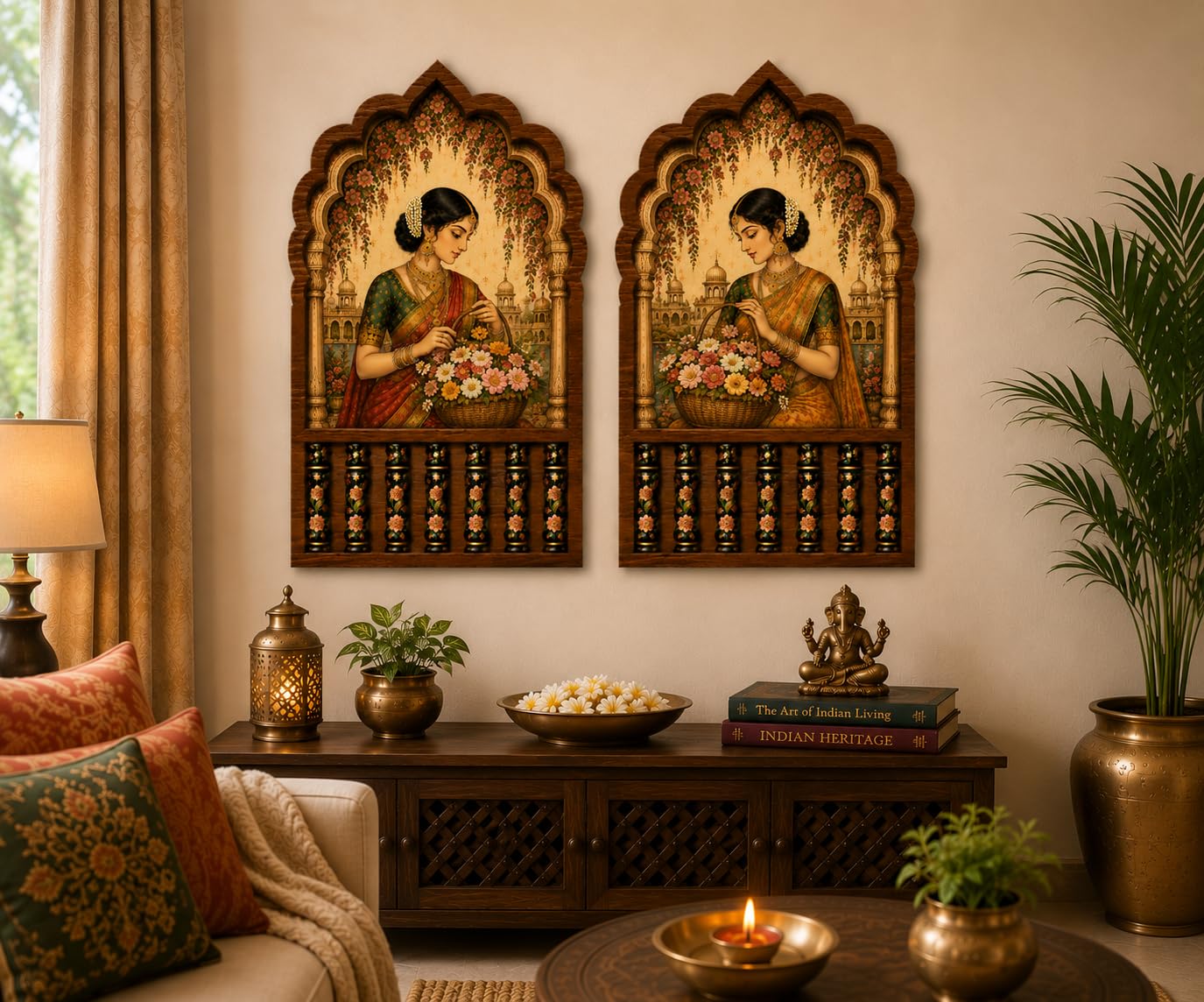 GLADTOGIFT Flower Basket Girl Jharokha Wooden Wall Decor Set of 2 | 12 x 16 Inch Traditional Indian MDF Wall Hanging | Royal Lady with Floral Basket Heritage Wall Art | Rajasthani Mughal Style for Living Room, Bedroom & Hallway-image-25