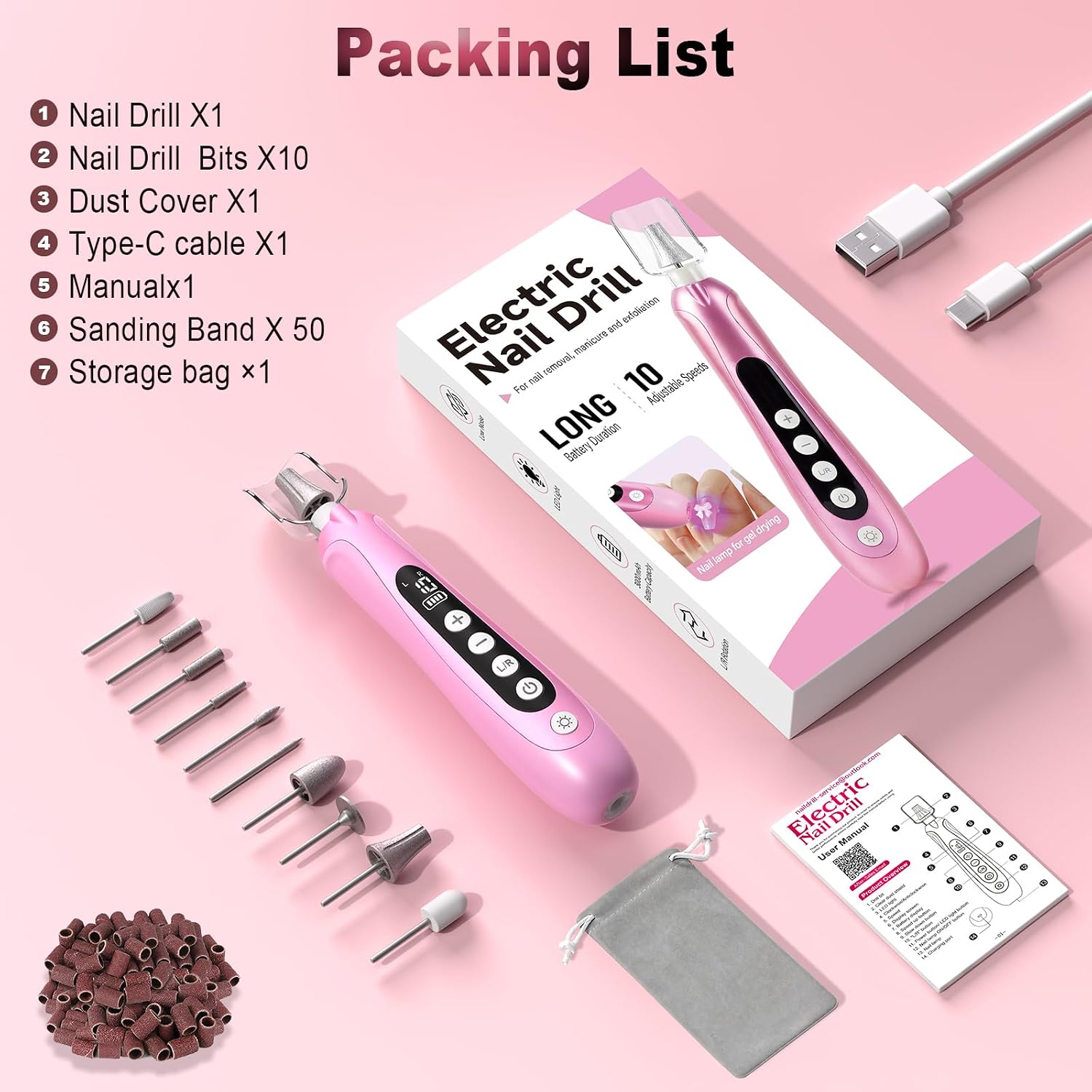 Pro Nail Drill Kit, Electric Nail File with UV Dryer Lamp & LED Light, 10000RPM Low Vibration & Noise, 10 Speeds, 3000mAh Cordless Nail dremel, Toenail Grinder for Manicure Pedicure Home Use, Pink