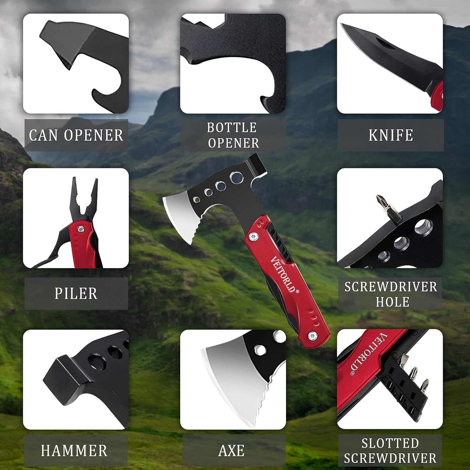 VEITORLD Survival Tools Axe Hammer Multitool, Stocking Stuffers for Men, Cool Gadgets, Mens Gifts for Christmas, Dad Gifts for Men Who Have Everything, Hiking Hunting Gifts for Him Husband Boyfriend