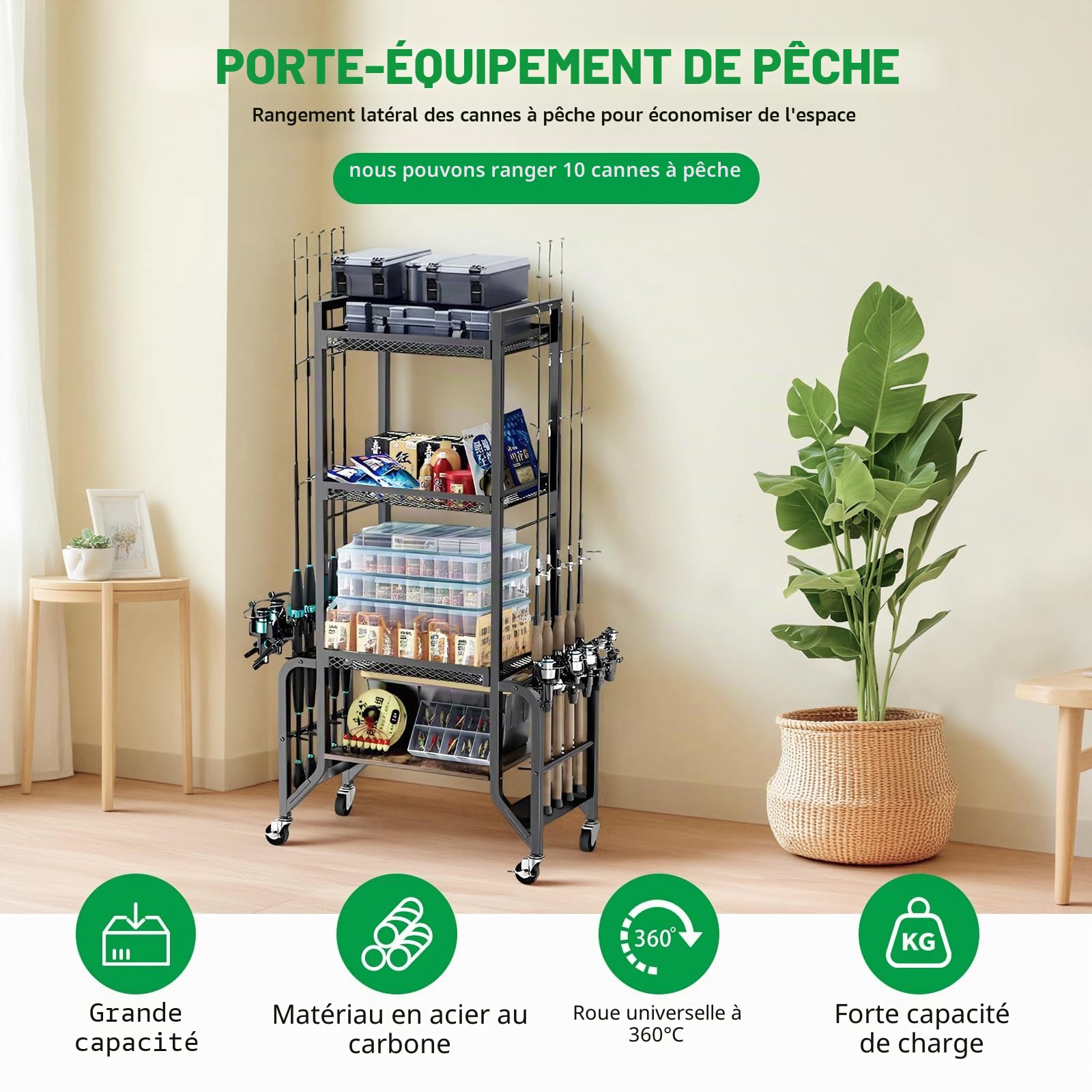 JAOGAUS Support de canne à pêche à 4 couches avec roues pour 10 cannes, support de canne à pêche avec 4 rouleaux pour un déplacement facile, 2 d'entre eux avec freins, pour garage, bateau, maison