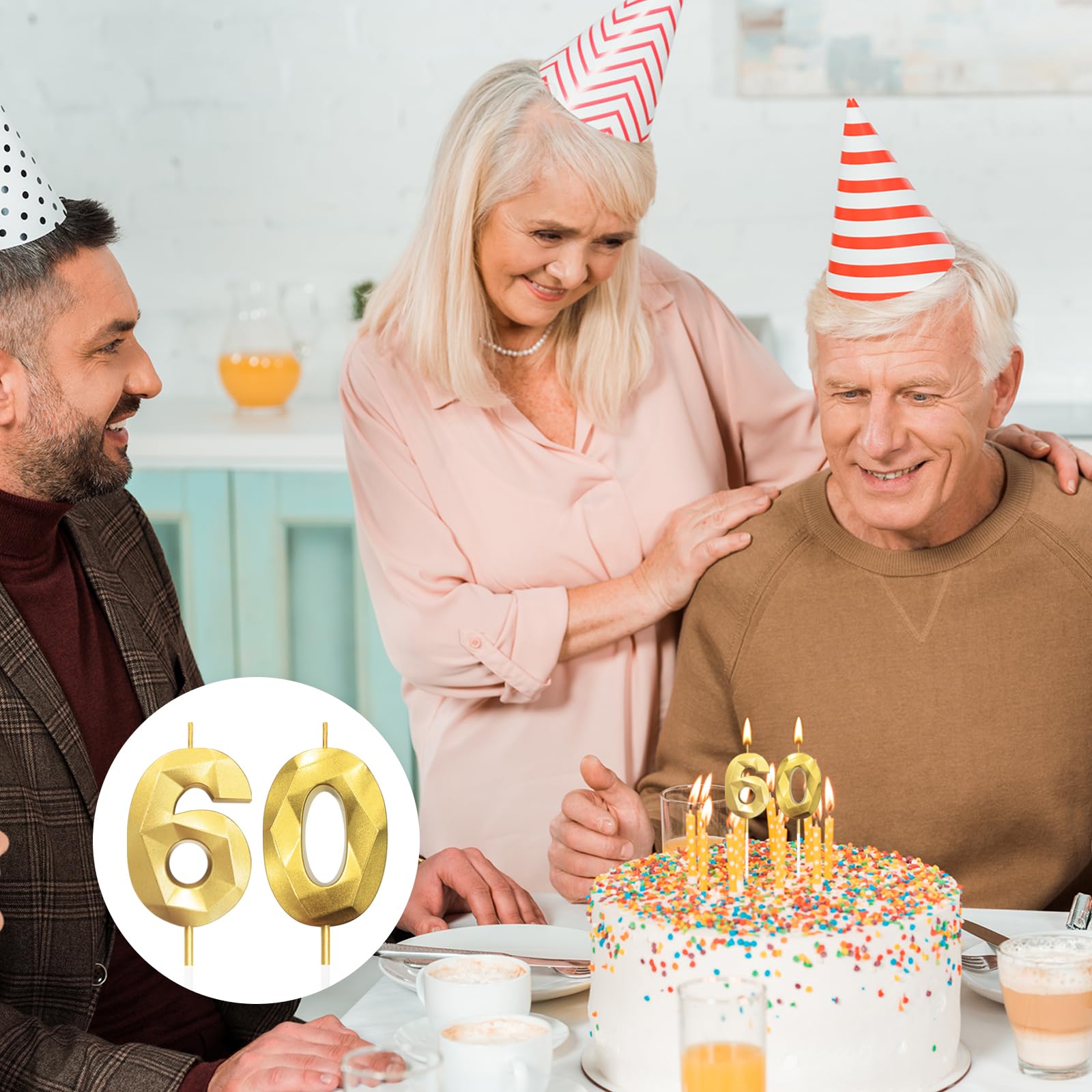 Bougies d'anniversaire 60 ans Doré 3D Décoration Gâteau Fête