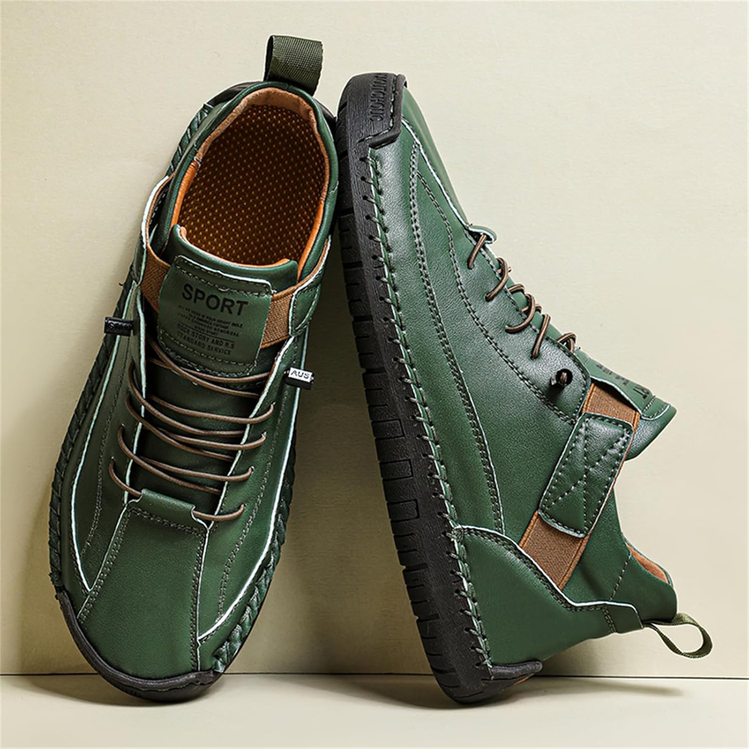 Women's Retro Leather Slip-On High Top Ankle Boots with Adjustable Elastic Band Hand-Stitched Lace-Up Detailing Comfort Flat Heel Loafers Shoes for Casual Outdoor Hiking Walking