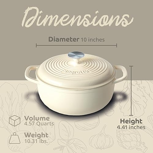 Miniatura 2 de Segretto Cookware Olla Holandesa de Hierro Fundido Esmaltado con Tapa 4.57 Cuartos, Bianco Perla (Blanco Hueso) Horno Holandés Esmaltado Blanco de