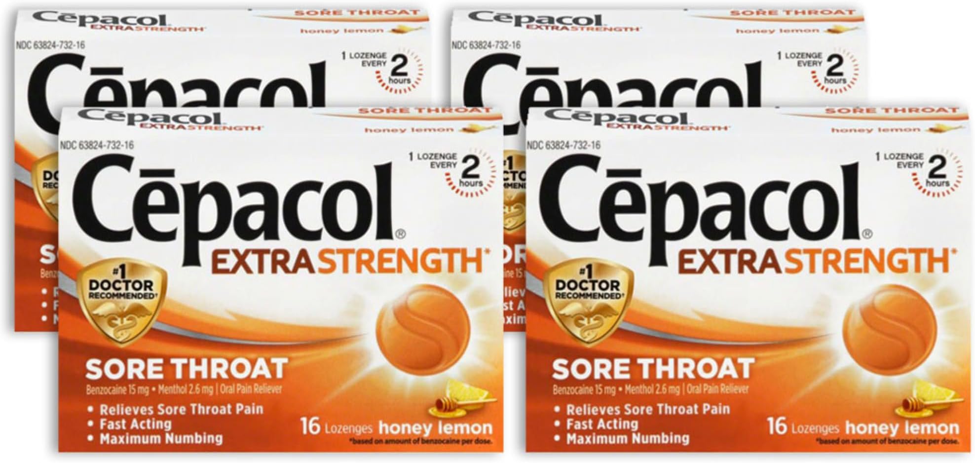 Extra Strength Sore Throat & Cough Relief Lozenges, 16 Count, Honey Lemon Flavor, Maximum Numbing, Fast Acting Relieves Sore Throat Pain, and Quiets Cough (Pack of 4)