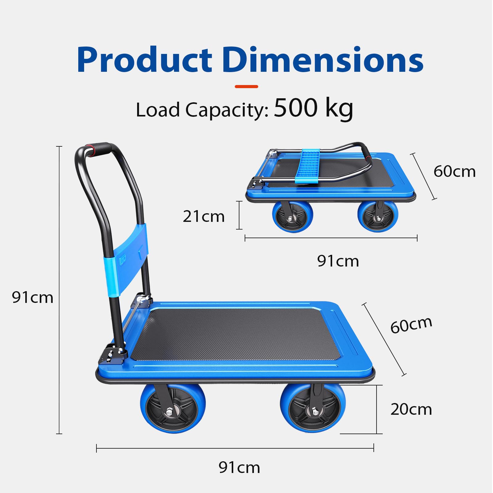Klappbar Stahl-Plattformwagen 500kg Tragfähigkeit 20cm TPR-Räder 3-Sekunden-Faltung | Transportwagen für Lager, Haushalte & Gewerbe, Blau