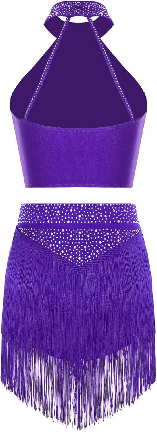 [Sywiyi] 女性用 チャチャ サルサ ラテンダンスコスチューム ハルター バックレス 光沢のある リュッシュド クロップトップ