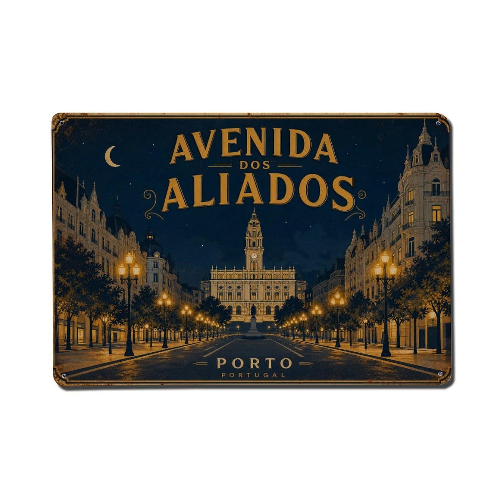 Vintage Travel Avenida Aliados Night City Lights Urban Metal Tin Sign