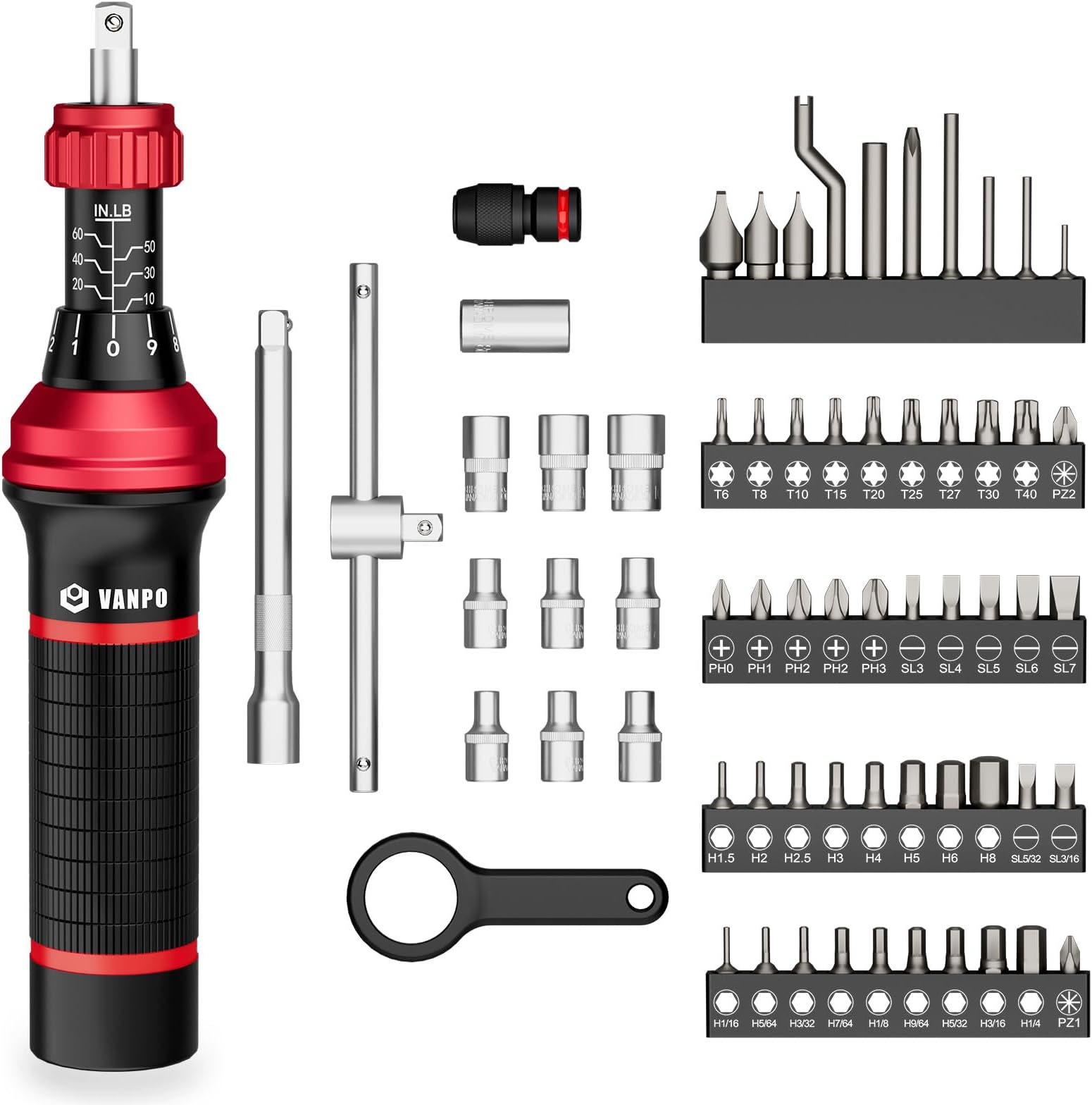VANPO Torque Screwdriver, 10-60 in.lb, 64 Pcs Inch Pound Torque Wrench Screwdriver Set for Maintenance with T-bar Handle, Flat, Hex, Torx, and Phillips Bits, For Tools, Bike Repairing and Mounting