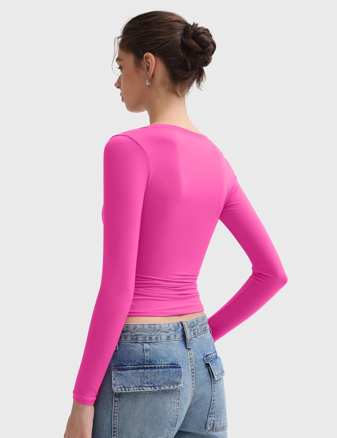 PUMIEY Women's Long Sleeve T Shirts Scoop Neck Slim Fit Going Out Tops Double Lined Basic Tee Smoke Cloud Collection - Image 5