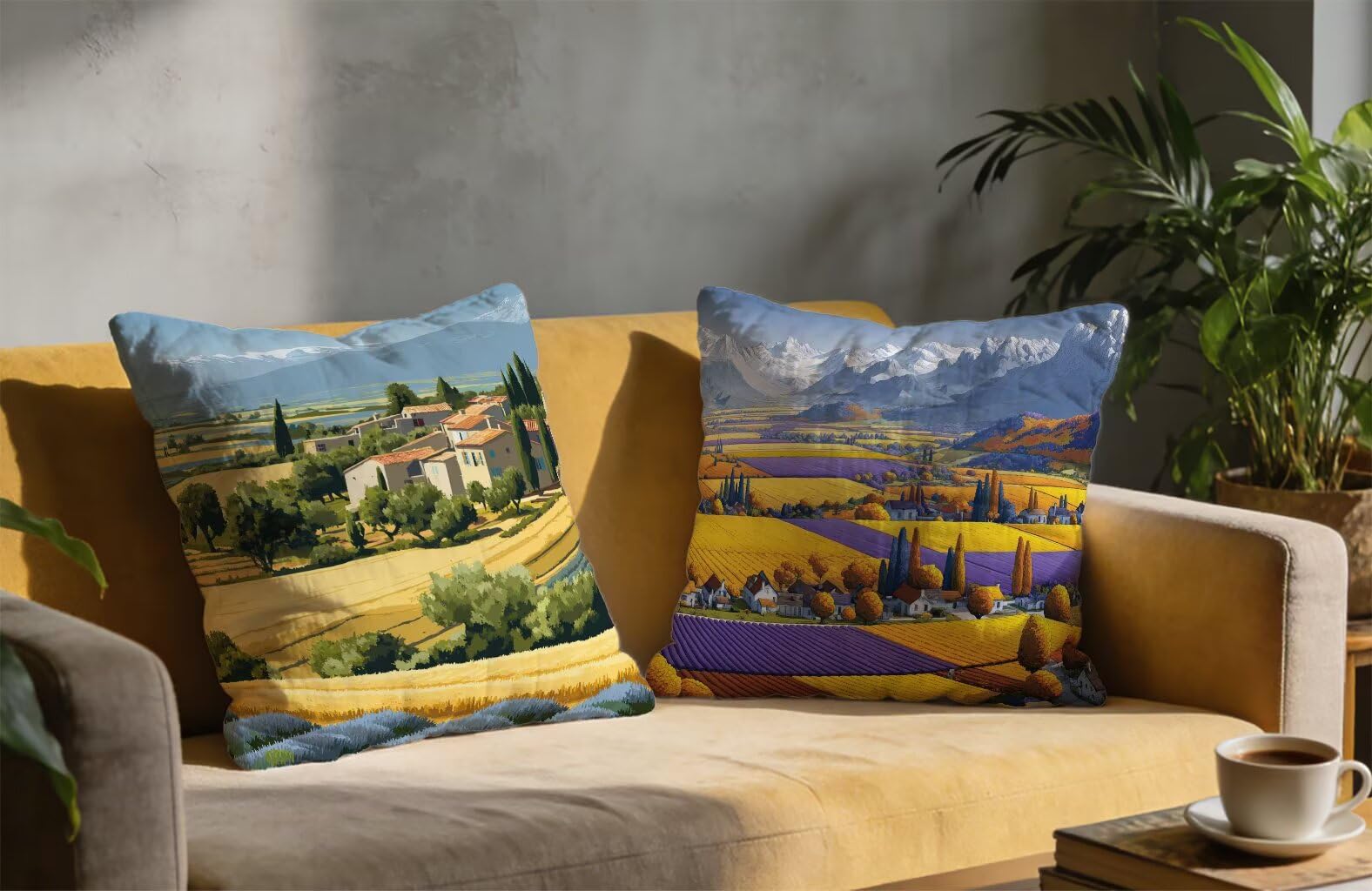 Housse De Canapé 65x65 cm Lot de 2 Jaune Coussin Canape 65 x 65 Coussin Decoratif Lin Coussincarré Champ Impression Recto Verso avec Fermeture éclair Invisible pour Printemps Été Décoration B-982188