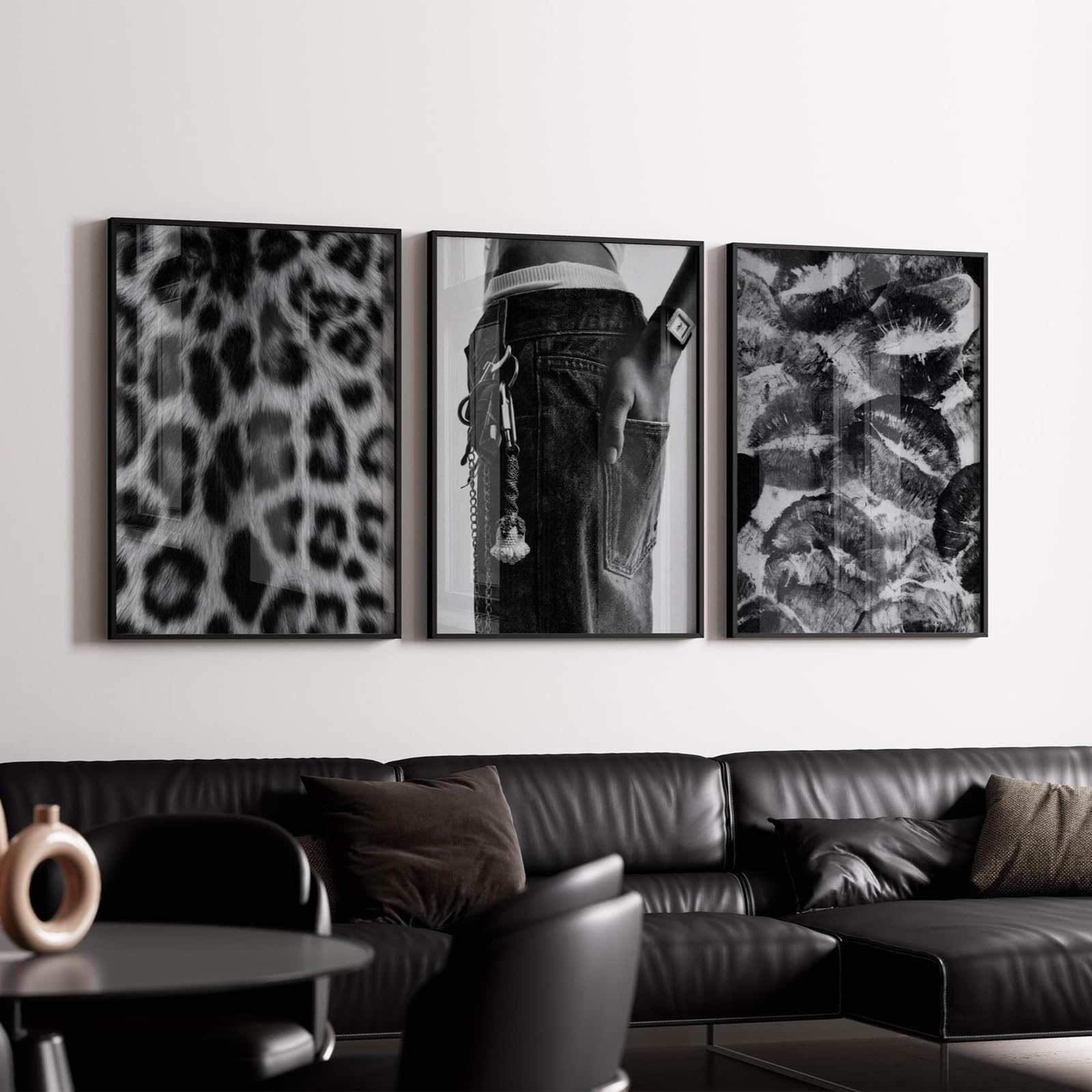 ZBELLO Set of 3 Posters, Black and White Leopard Print & Denim Lips Wall Art, Vintage Prints and Aesthetic Images For Bedroom and Living Room Wall Decorations, Unframed (40x50cm)