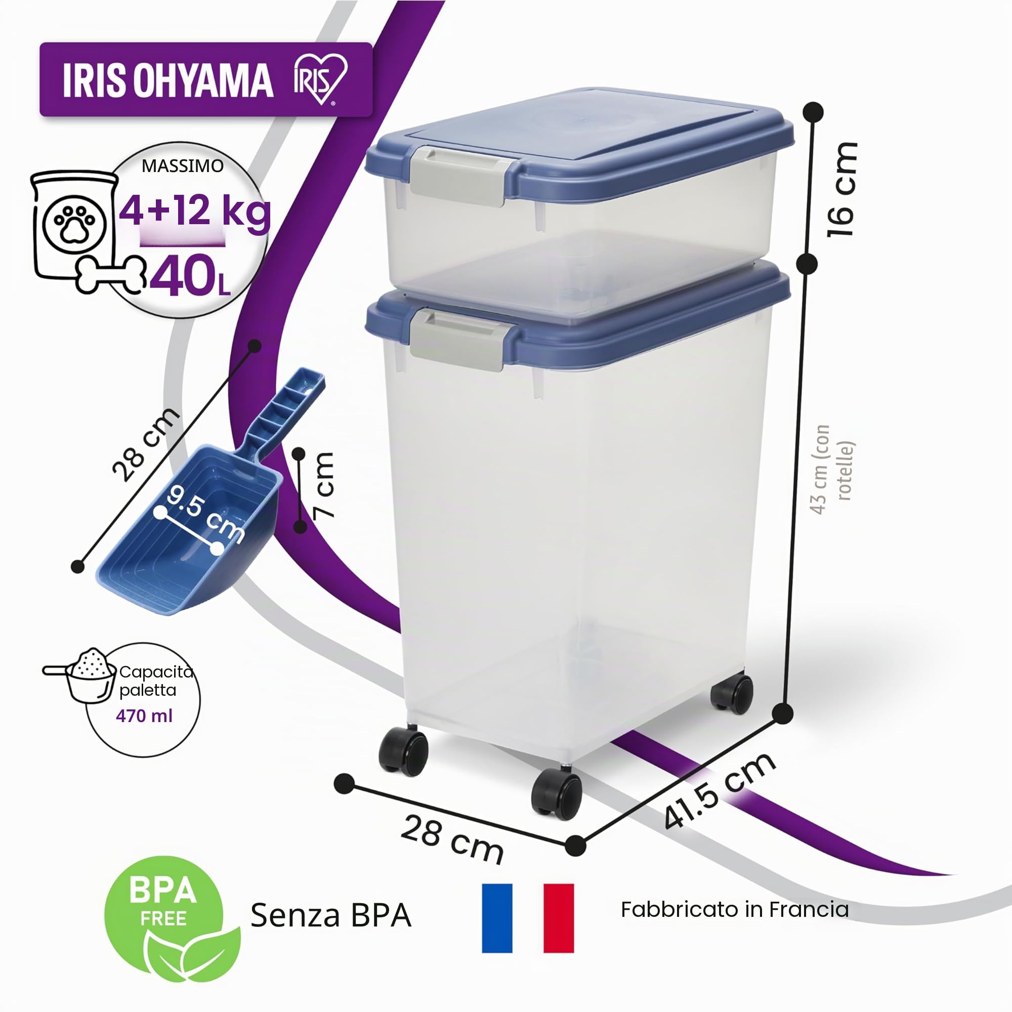 Iris Ohyama, Contenitore per Crocchette Ermetico, 30L+10L, Blu, Ermetici, Plastica, con Coperchio, Per Cibo per Gatti, Cani, Cibo secco, Crocchette, Dolci, MP-8&MP-1