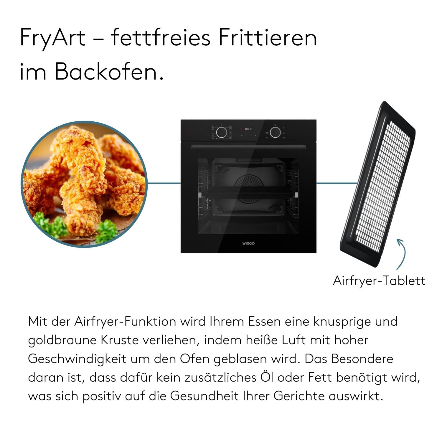 WIGGO Backofen Set Schwarz 60cm 73L mit Teleskopschienen Airfry Selbstreinigung 10 Funktionen Soft-Close Einbaugerät