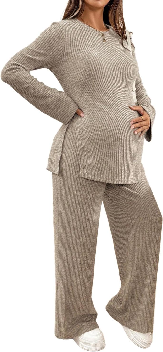 Women's Maternity 2 Piece Outfits Ribbed Knit Long Sleeve Wide Leg Pants Pregnancy Lounge Set