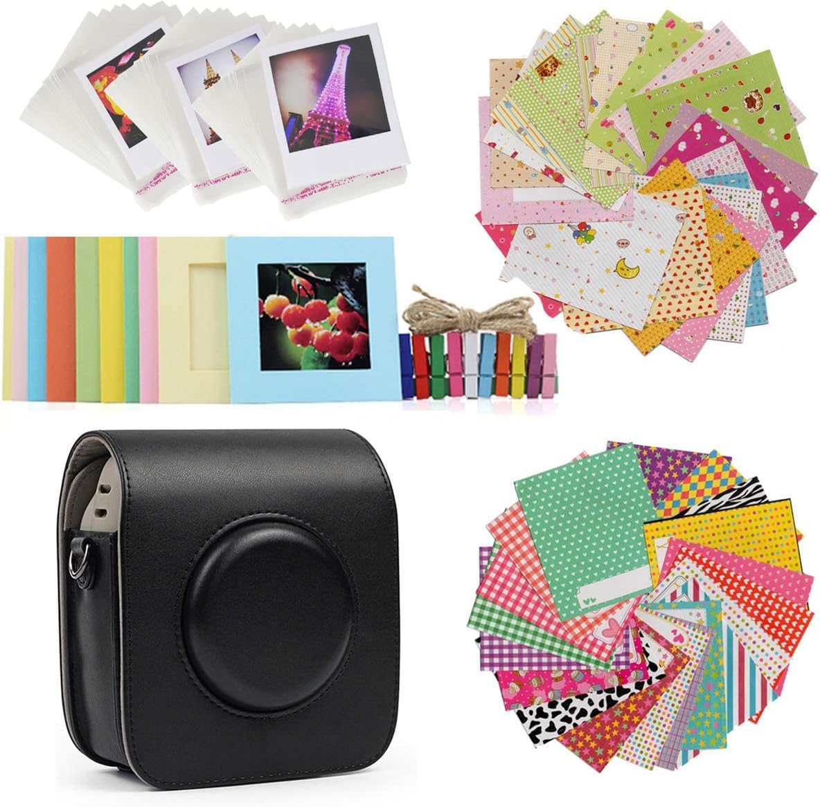 Ngaantyun Bundle Kit Accessories Beige Protective Case Shoulder Bag, Wall Hanging Photo Frames, Wooden Clips, Photo Protective Bags, Sticker Borders Set for Fujifilm Instax Square SQ20 Camera Films