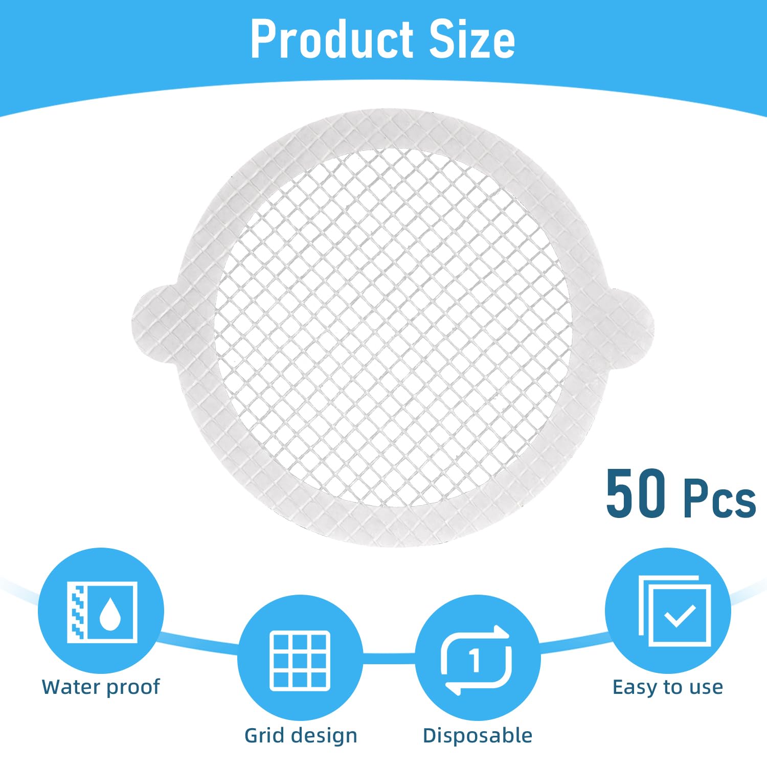 50 Piezas Atrapapelos Desechable para Desagüe de Ducha, Recogedor de Pelo Redondo de 9 cm, Cubierta de Filtro de Rejilla para Baño y Cocina