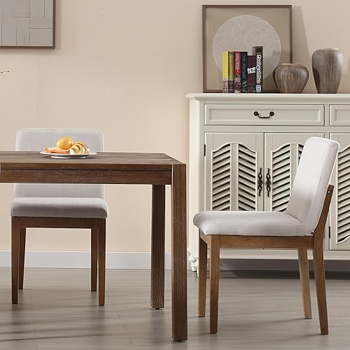 Comfy Modern - Juego de 2 sillas de comedor sin brazos de lino beige con patas de madera maciza, sillas de comedor tapizadas de mediados de siglo