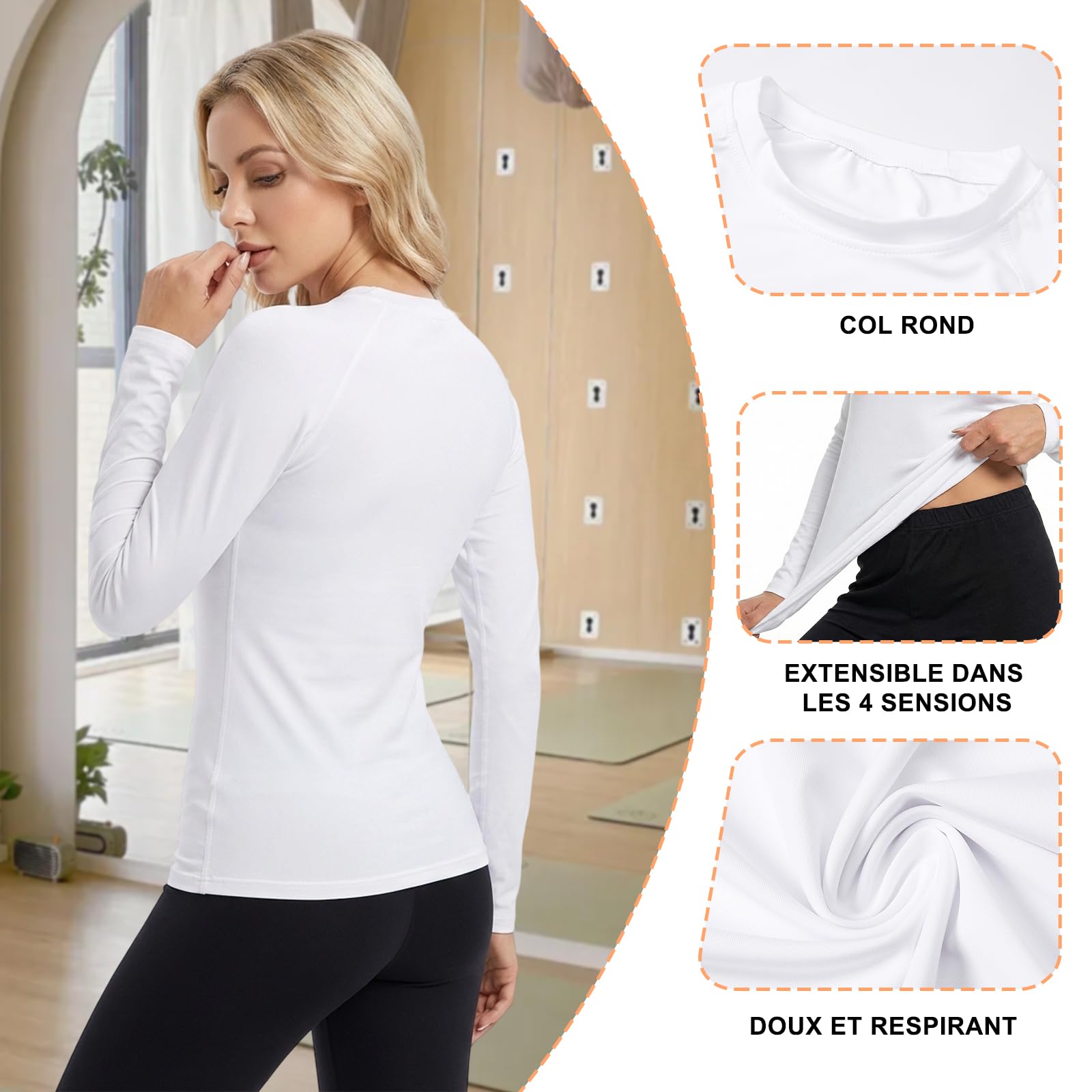 NuCamper 4 Packs Haut Thermique Femme Col Rond à Manches Longues T-Shirt Thermique Femme sous Vetement Chaud Léger Basic T-Shirt Top Slim Moulante Fit pour Hiver Automne Couleur Unie Tee Shirts