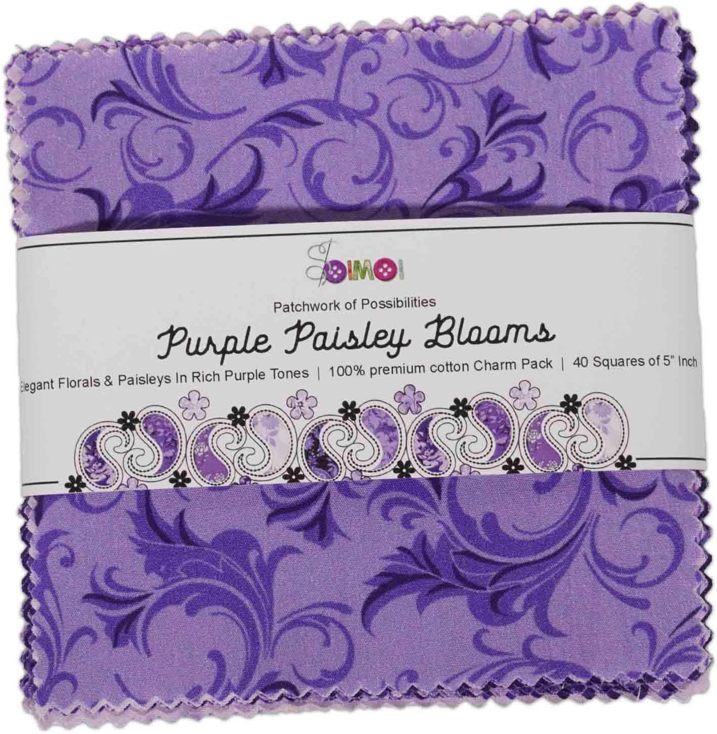 40 Pcs Cotton Bundles Charm Packs for Quilting, DIY Fabric Bundle Squares, Fat Quarter Layer Cakes, Fabric Scraps for Crafts, Precuts Quilt Squares 5 x 5 inches - Purple Paisley Blooms