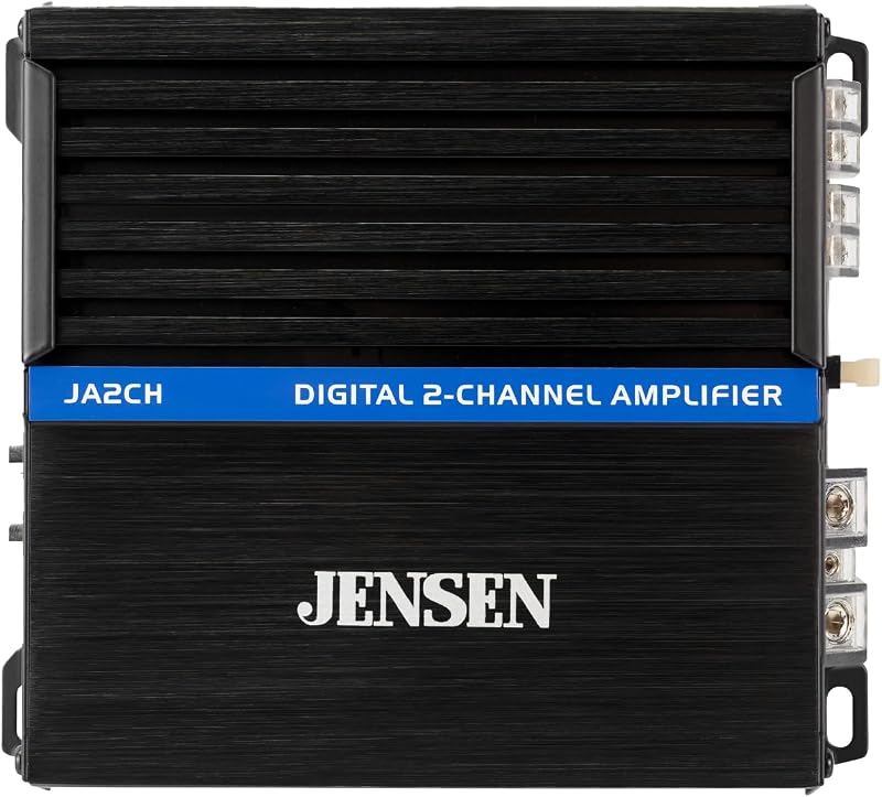 Jensen JA2CH Amplificador para automóvil Clase D de 2 canales, pico de 600 W, certificado CTA-2006-D | Para audio de motocicletas, vehículos todo terreno, carritos de golf y camiones, diseño puenteable, construcción compacta y eficiente, potencia Clase D certificada CTA-2006-D