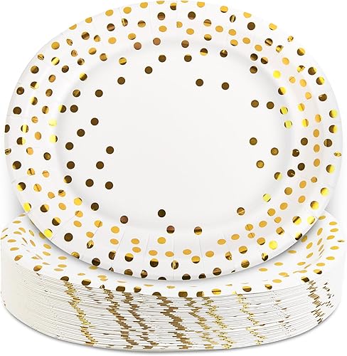 Miniatura 8 de AimFun 50 platos de papel ovalados grandes desechables dorados de lunares dorados de 10 x 12 pulgadas, bandeja decorativa para servir postres para