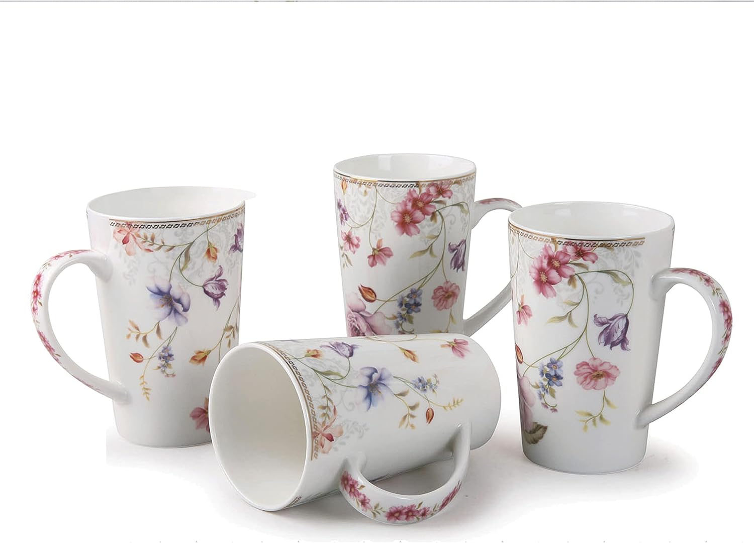 WORLD GIFTS Elegant Stylish Porcelain Mugs Durable Drinks Serving Ware for Indoor Outdoor Use - Mugs, Pink Floral, Set of 4, 12 oz.