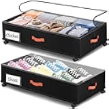 Under Bed Storage with Wheels 2-Pack, Under Bed Storage Containers 60L Clear Lids, Rolling Storage Drawers for Clothes Shoes Blankets, Underbed Organizer Bins(32
