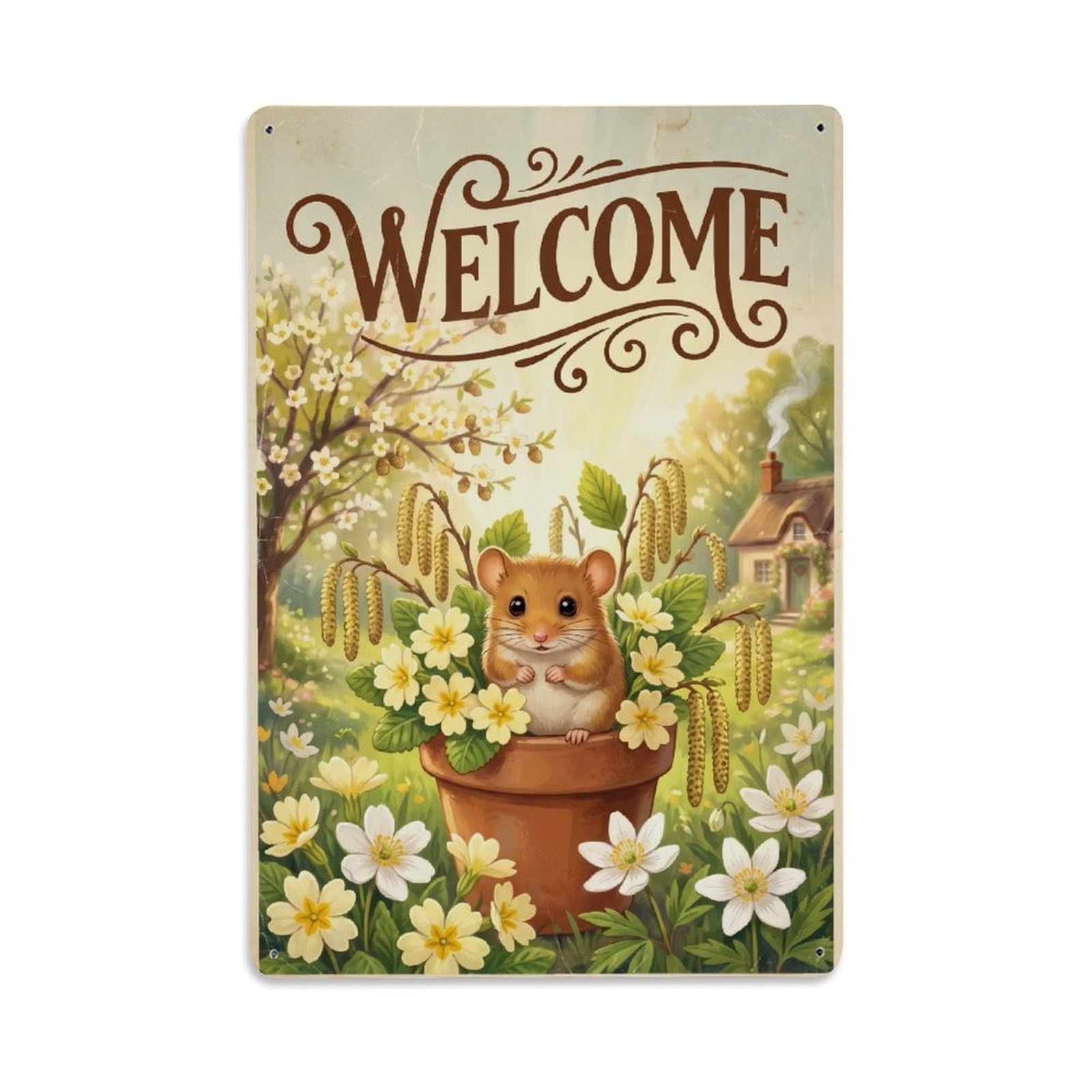 Cxhjca 8X12inch(20X30cm) Vintage Welcome Dormouse Woodland Friends Metal Tin Sign