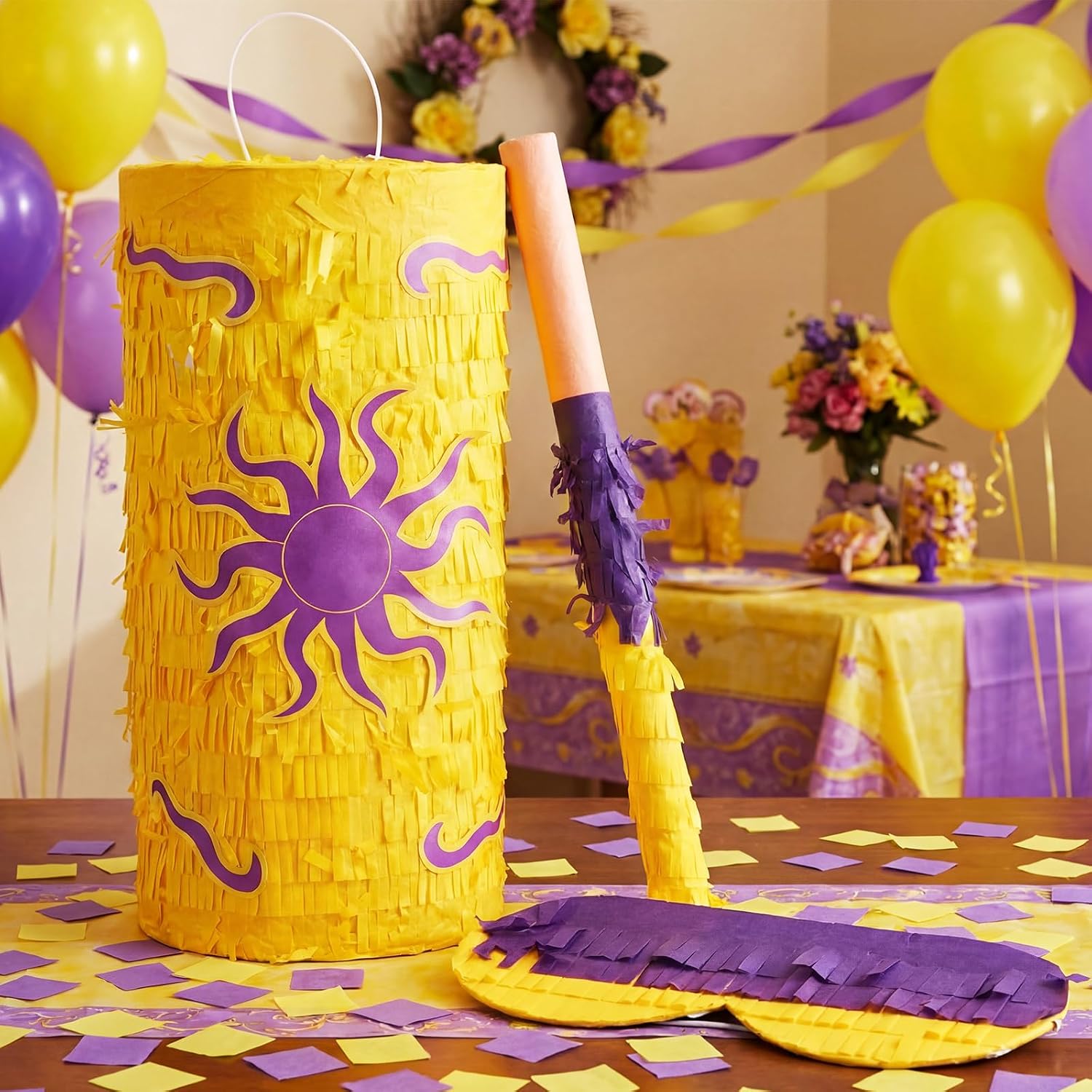 Purple Princess Theme Sun Birthday Decorations Purple and Gold Princess Piñata Party Supplies Hanging Piñata with Blindfold and Bat for Photo Props Birthday Party Baby Shower Game Decorations Supplies