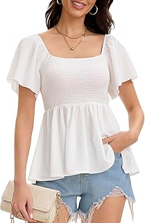 Women's Summer Peplum Tops Square Neck Ruffle Trim Short Sleeve Blouse Top Dressy Casual Shirts