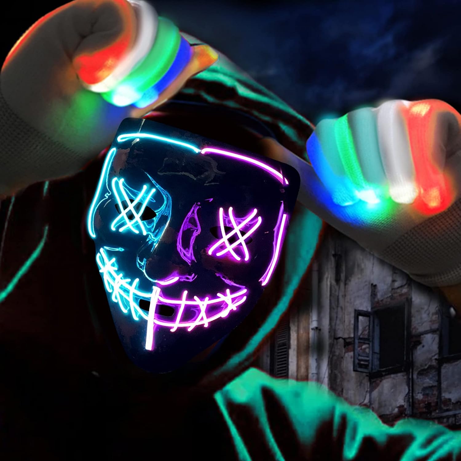 Halloween Scary Mask with Gloves Kit, Costume Mask EL Wire Light Up Mask for Halloween Costume Festival Cosplay