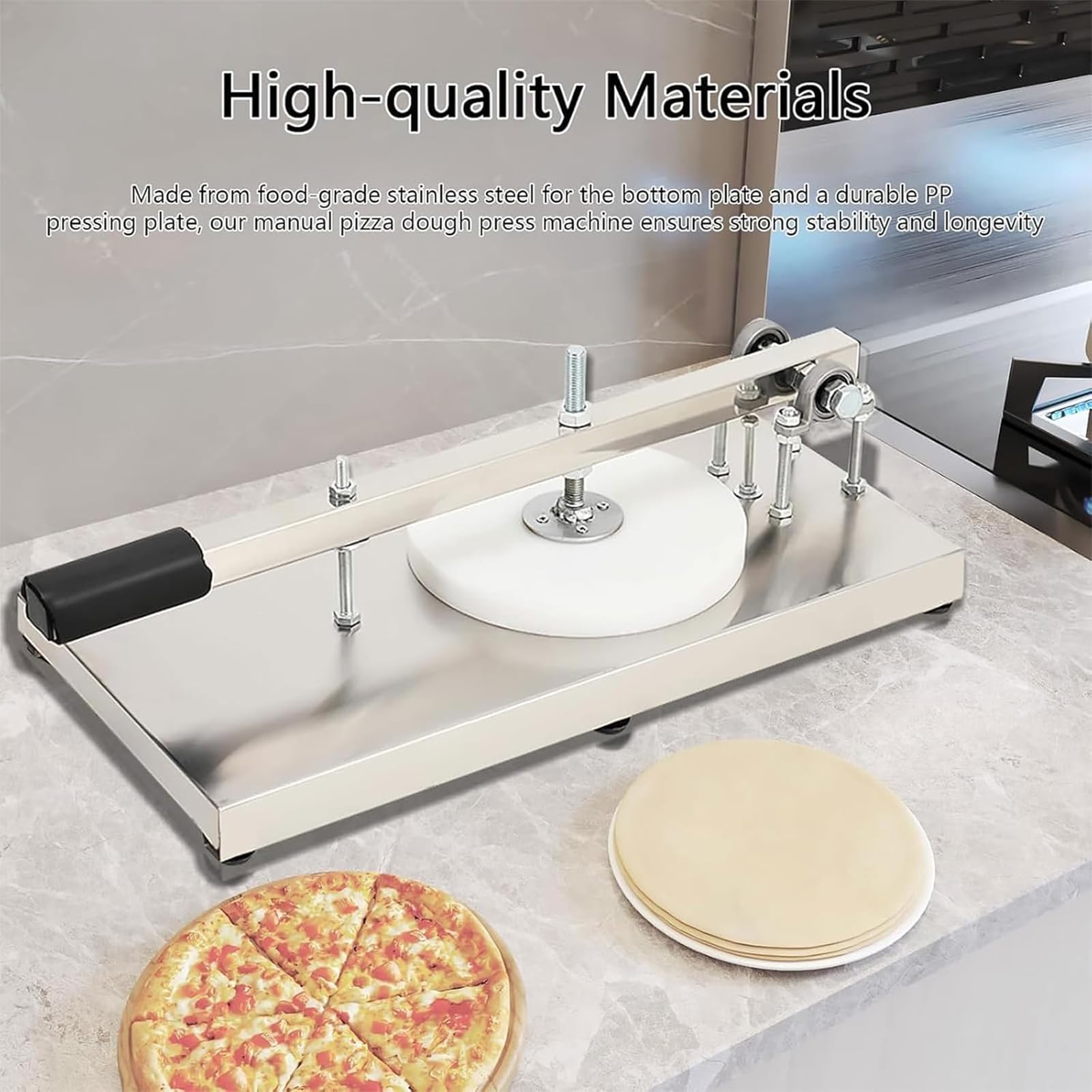 Pressa per Pizza Manuale da 50 * 25 Cm, Stendipasta Manuale in Acciaio Inox, Spessore Regolabile, 7 Specifiche del Disco tra Cui Scegliere, per Pizzerie E Snack Bar