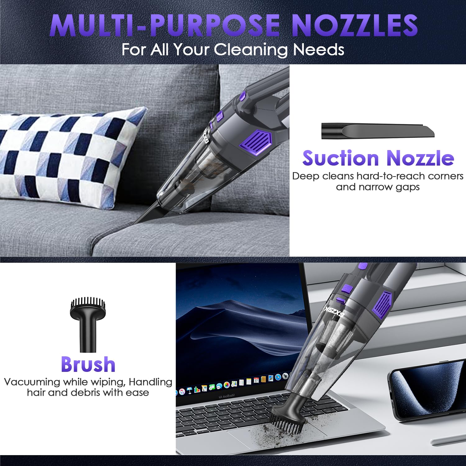 Gxzsk Aspiradora de mano inalámbrica de 15000 PA, aspiradora de mano de succión fuerte, aspiradora de mano portátil recargable con múltiples boquillas y filtro lavable para el hogar, oficina, coche