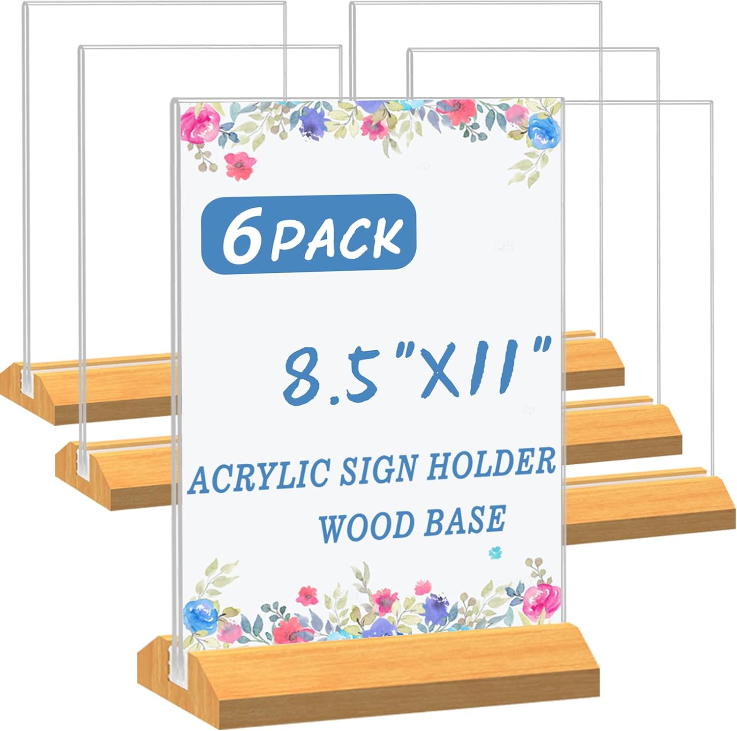 acrylic sign holder 8.5 x 11 inch 6 pack, wood base paper stand for menu flyer display, table top clear plastic picture frame for stores, restaurants, hotels, office, farmers market show fair decor.