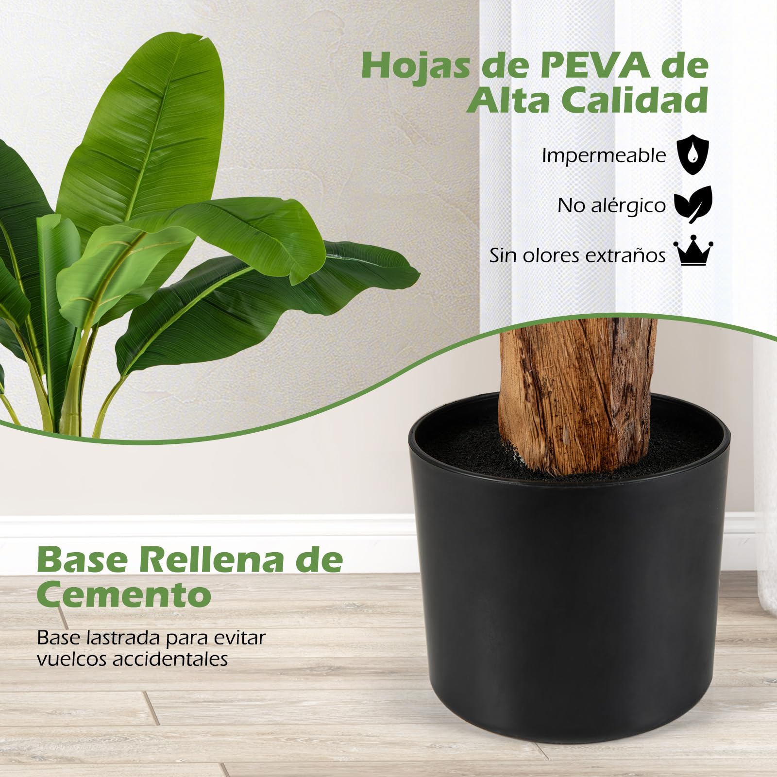 COSTWAY Juego de 2 Árboles Artificiales, 107 cm Plantas Artificiales Decorativos Ave del Paraíso con Hojas de Plátano y Ramas Ajustables con Maceta, Platanero Falsa de Interior para Salón Oficina